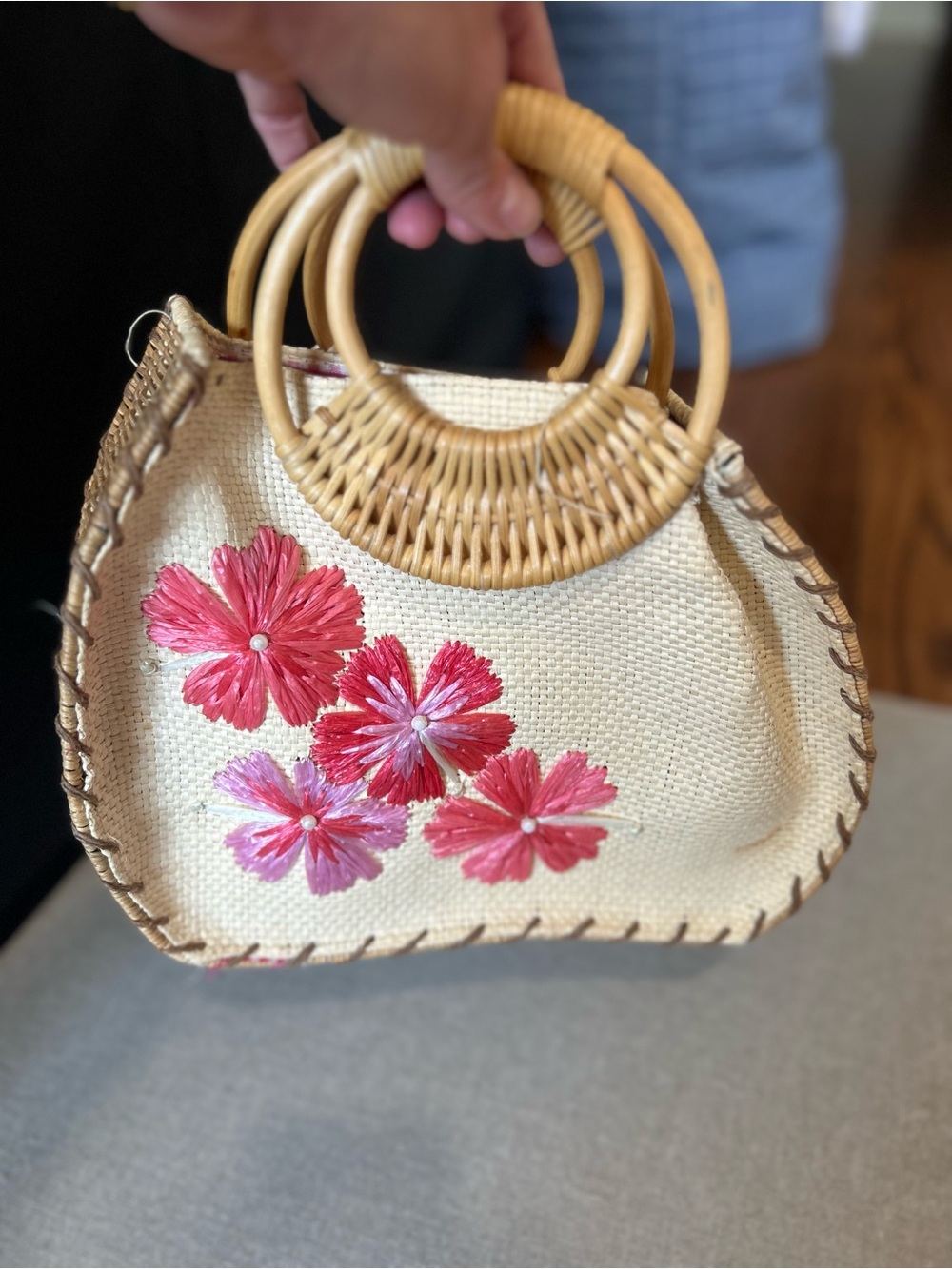 Handwoven Floral Straw Tote Bag with Bamboo Handles